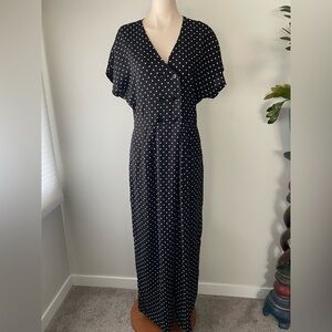 Vintage Blouseworks Polka Dot Wide Leg Jumpsuit Double Breasted Black White Plus